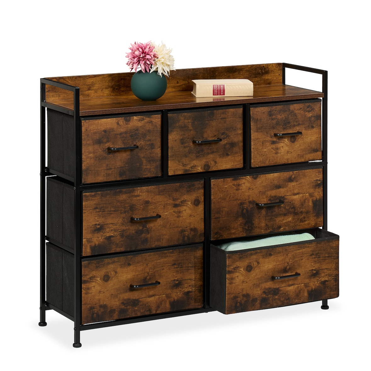 Relaxdays Kommode, HBT: 85x100x30,5 cm, 7 Stoffschubladen, Flur, Schlafzimmer, Industrial Schubladenregal, braun/schwarz