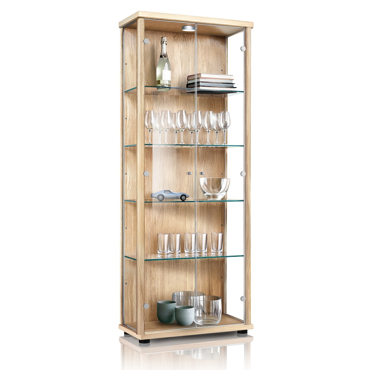 K-Möbel Armoire vitrine 2 portes 176x67x33 cm Made in Germany vitrine sur pied avec LED & 4 tablettes en verre réglables en hauteur Hêtre