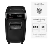 thumbnail of Fellowes Distruggidocumenti a frammento AutoMax™ 200C, 200 fogli automatico (10 manuale), piccolo ufficio, cestino 32L, sicurezza P-4, nero,4653602-99