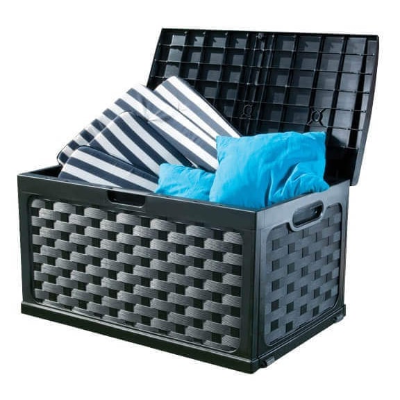 Cassapanca baule da esterno in resina con seduta Rattan Antracite con rotelle