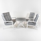 thumbnail of Conjunto sofás exterior, Aluminio reforzado color blanco, Sofá 3 plazas + 2 sillones reclinables + Mesita café, 5 plazas, Cojines color gris