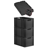 thumbnail of PROREGAL SuperSparSet 3x Eurobox NextGen Color mit Scharnierdeckel & Verschlüssen, HxBxT 32x40x60cm, 65L, Schwarz, Griffe schwarz offen, Eurobehälter