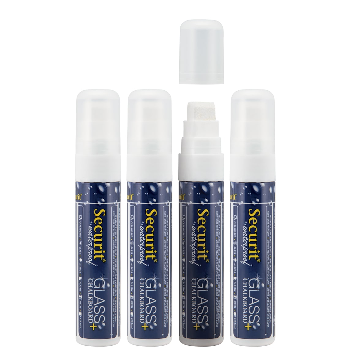 Securit® Conjunto de 4 Marcadores de Giz Líquido Waterproof - Branco - Ponta Retangular 7-15mm