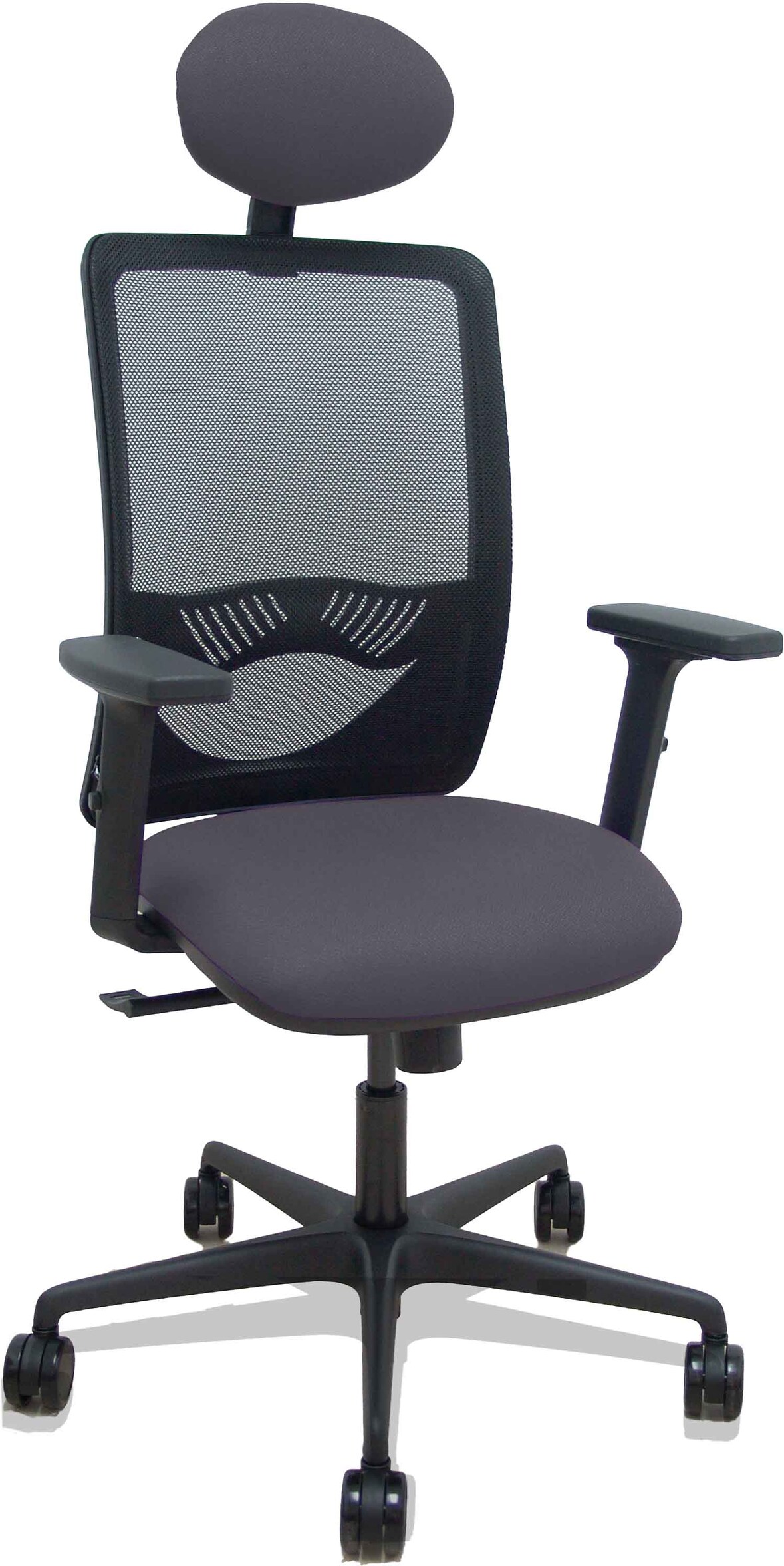 Silla Zulema sincro malla negra asiento bali gris oscuro brazos 2D ruedas 65mm cabecero