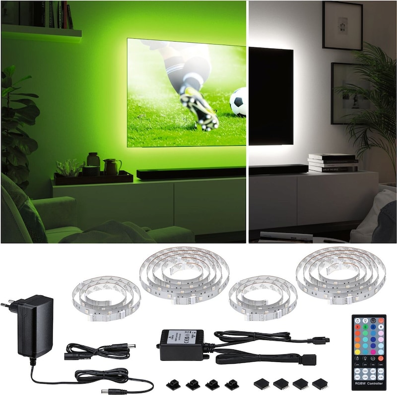 LED-Streifen mit Fernbedienung und Netzteil.