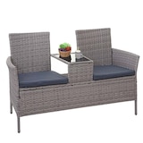 thumbnail of Poly-Rattan Sitzbank mit Tisch HWC-E24, Gartenbank Sitzgruppe Gartensofa, 132cm ~ grau, Kissen dunkelgrau