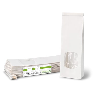 Greenbox - Bolsa tipo bloque con ventana S, 9 x 4,5 x 26 cm, lámina de PP, blanca, cinta con clip, papel kraft, 500 unidades.