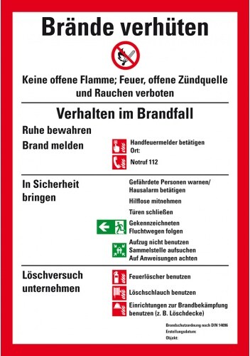Schild I Aushang Brände verhüten, DIN 14096, bauliche Anlagen, Kunststoff, 210x297mm, ASR A1.3, DIN EN ISO 7010
