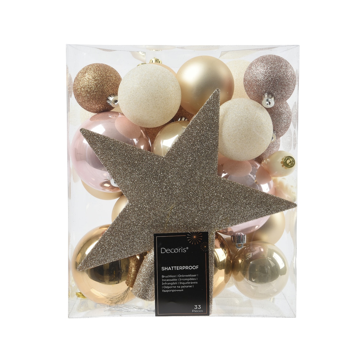 33 Weihnachtskugeln Kunststoff mit Christbaumstern Set bruchsicher Christbaumkugeln Weihnachtsbaumkugeln Christbaumspitze Beige Rosa Mix