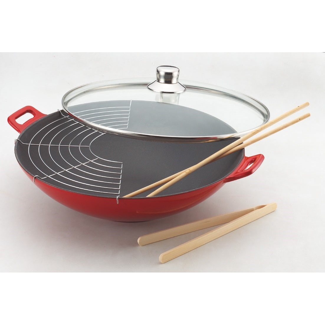 Baumalu Wok fonte rouge 36 cm avec couvercle en verre 382872