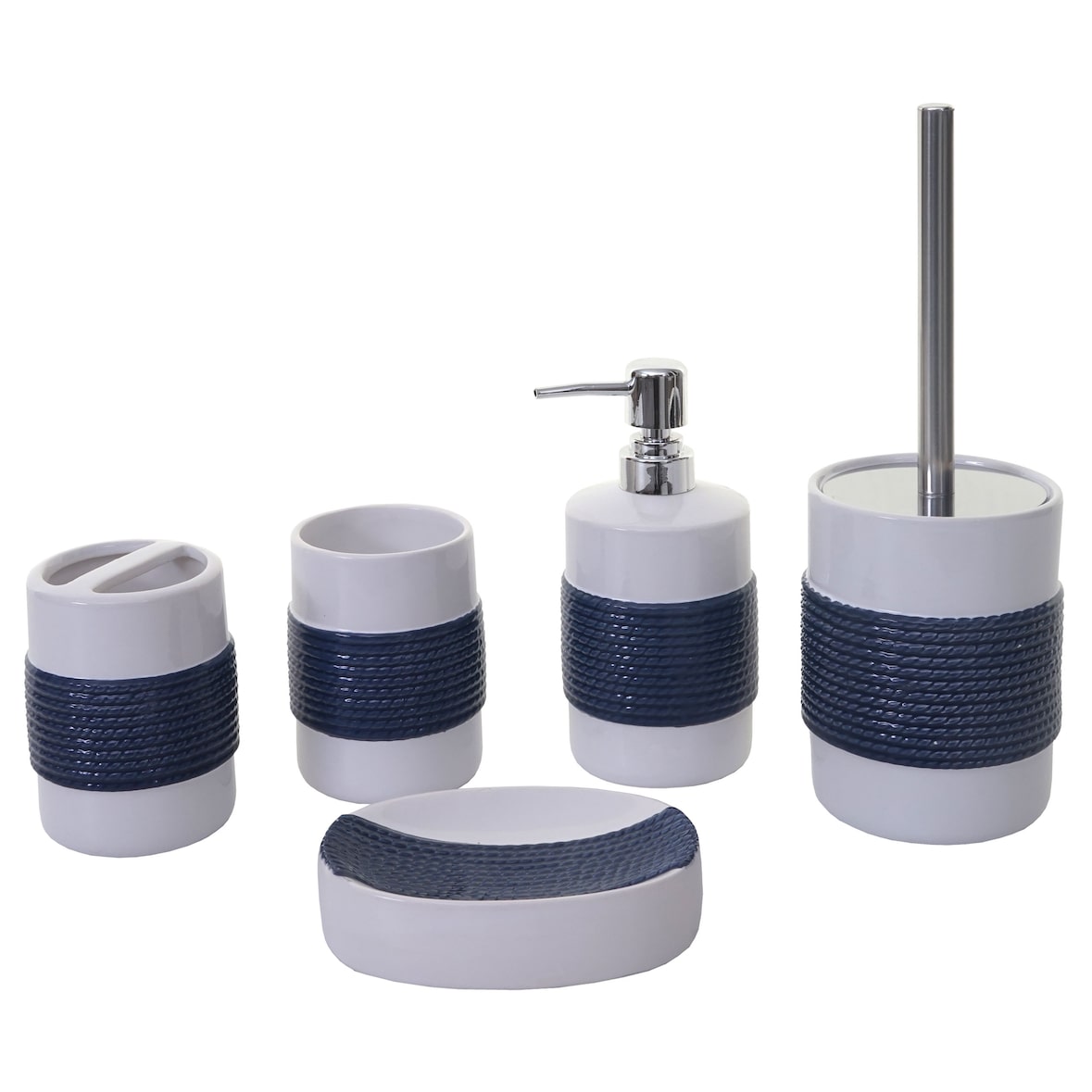 5-teiliges Badset HWC-C73, WC-Garnitur Badezimmerset Badaccessoires, Keramik ~ blau/weiß