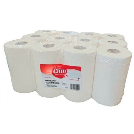 Papel secamanos rollo mini mecha doble capa. Pack 12 uds