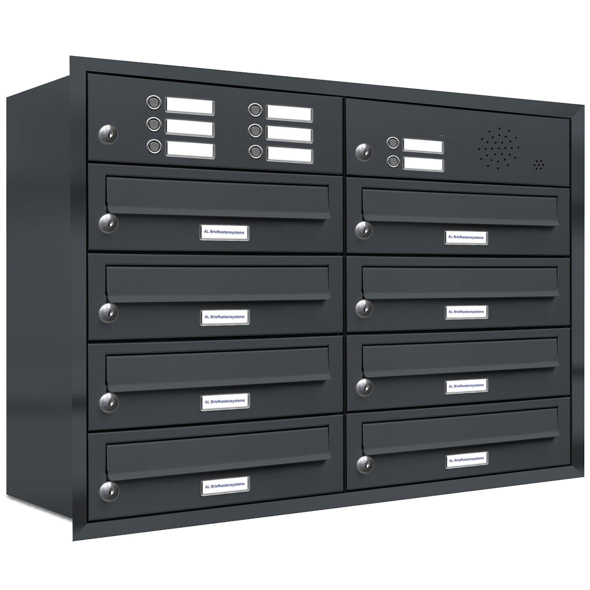AL Briefkastensysteme 8 Fächer Premium Unterputz Briefkasten Anlage mit Klingeln RAL 7016 Anthrazit Grau, A4, wetterfest, Artikelnummer 132P8U2KSP7016