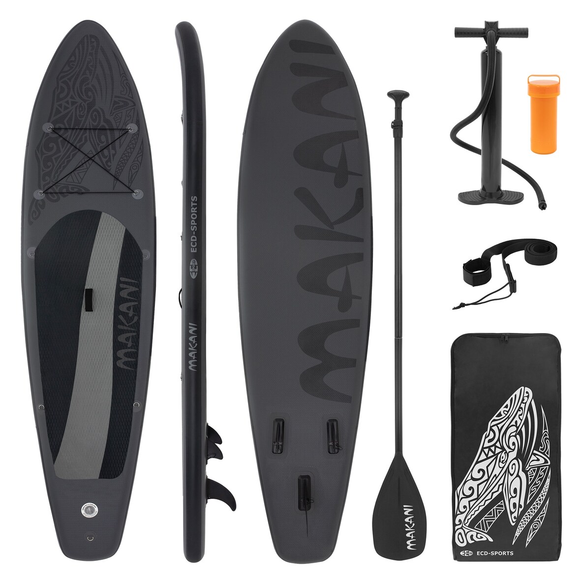 ECD Germany Aufblasbares SUP Board Makani 320 × 80 × 15 cm Schwarz – Komplettset mit Pumpe, Tragetasche & Zubehör, PVC Board bis 120 kg, Surfboard für