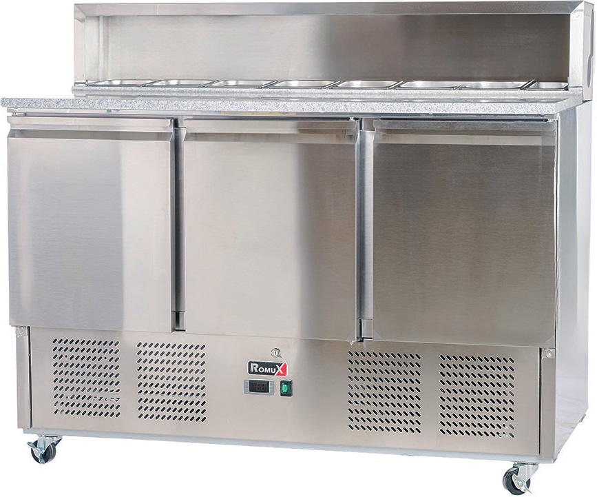 Cleiton® Saladette und Pizzatisch 3 Türen 136x70 cm für 8 GN 1/6 Behälter mit Marmorplatte und Stahlhaube | Kühltisch von Pizzen und Salaten