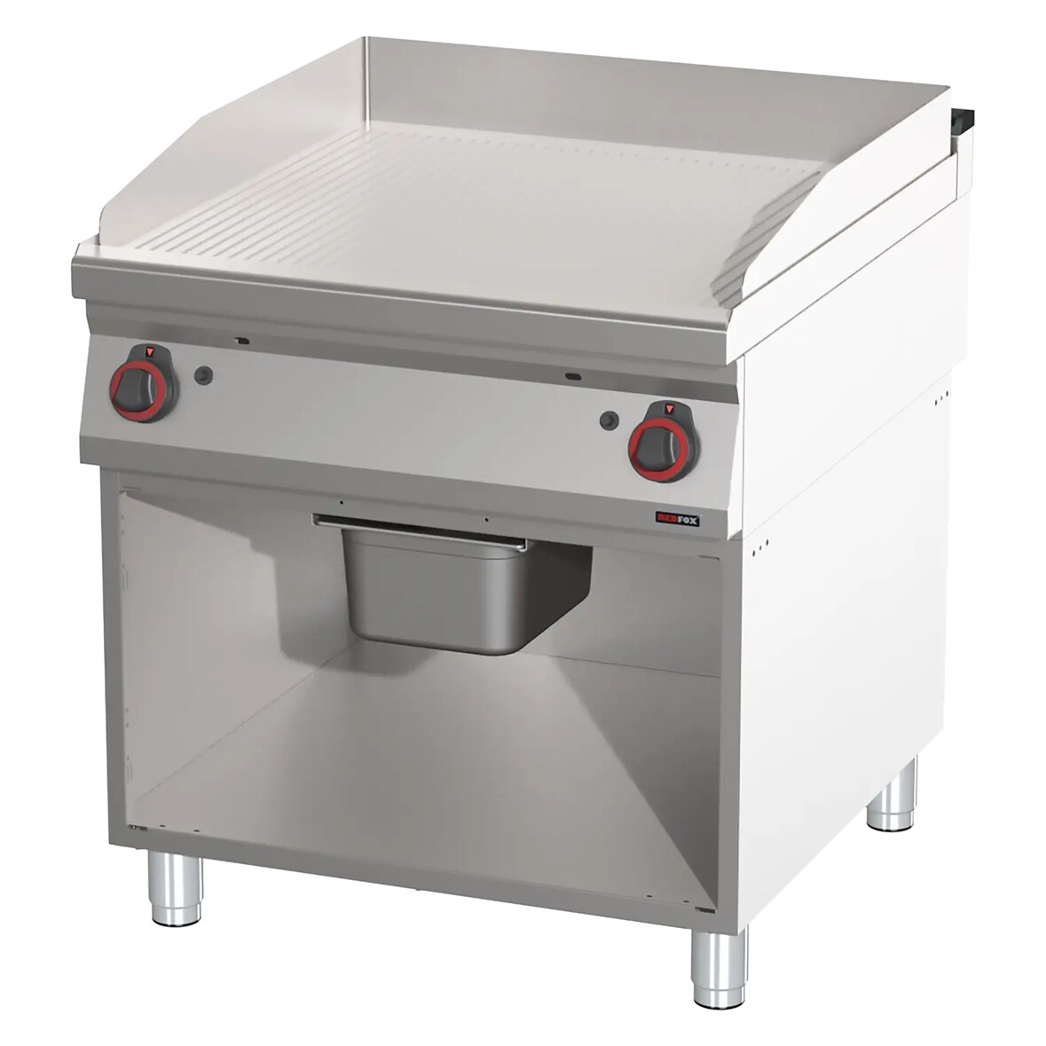 Gastro Gas-Griddleplatte Standgerät mit Unterbau Grillplatte Bratplatte aus Stahl/gerillt 800x900x900 mm Edelstahl 16 kW