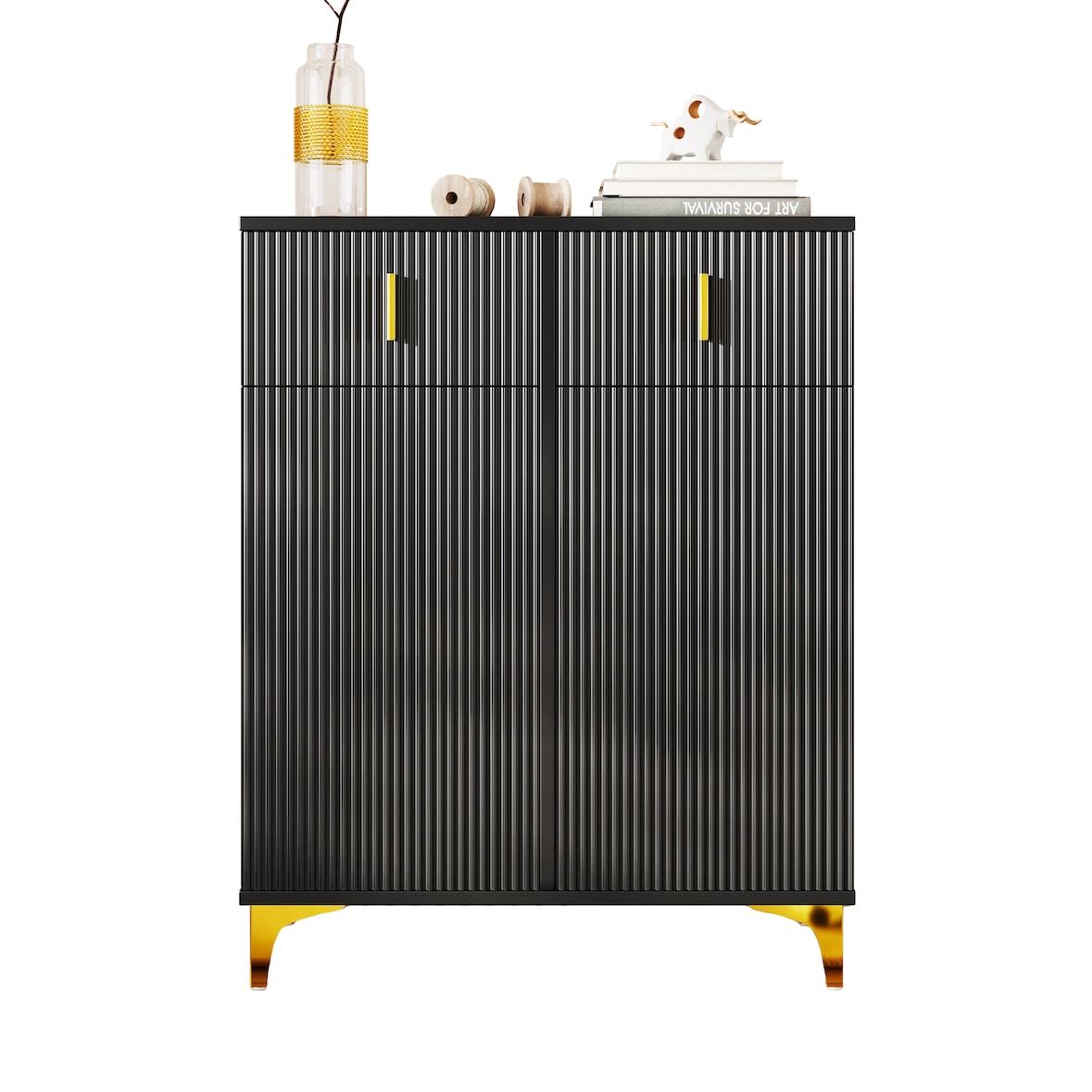 Elegantes Sideboard Schwarz 83x101x35 cm, Push-to-open Türen, verstellbare Einlegeböden, gedämpfte Scharniere, vergoldete Griffe und Beine