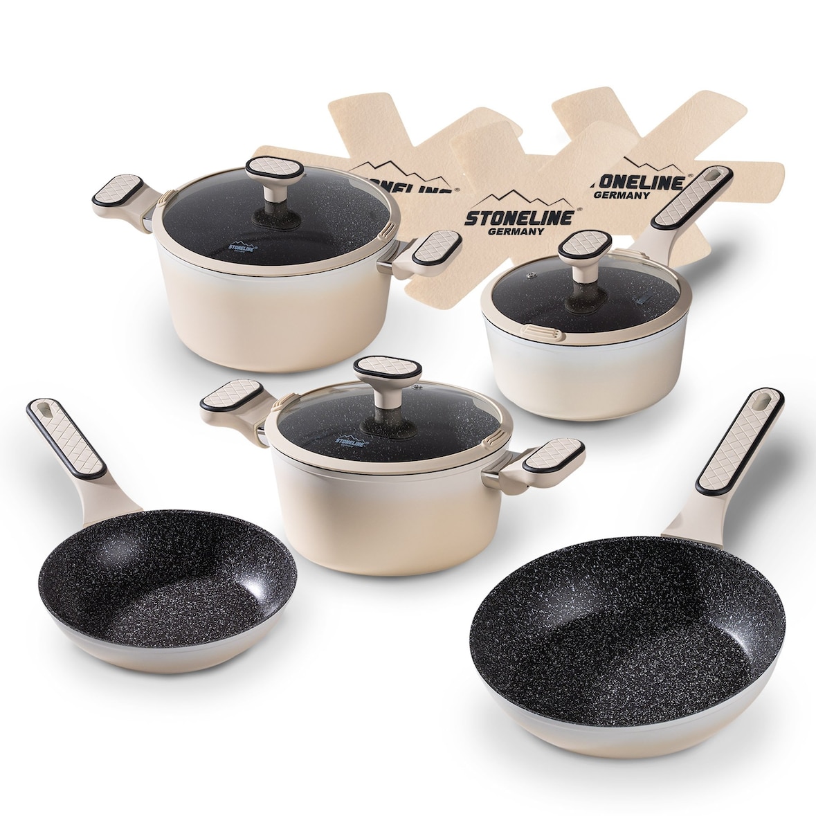 STONELINE® Creme Kochgeschirr-Set 11-teilig mit Deckeln, beschichtete Töpfe & Pfannen