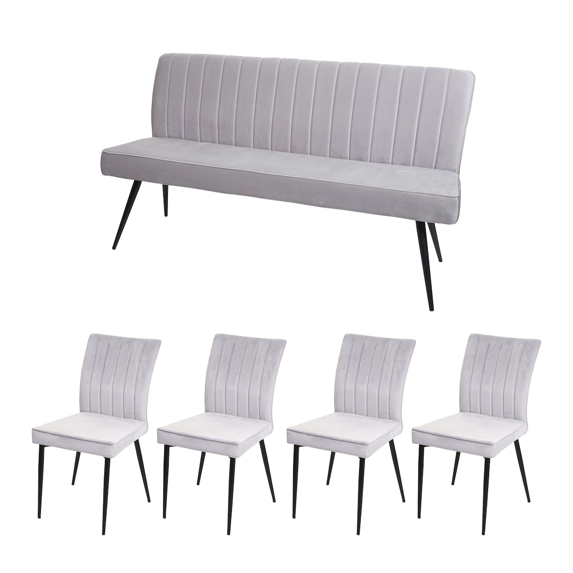 Eetkamerset HWC-K16, set van 4 stoelen + bankje Eetkamerset, fluweel metaal ~ lichtgrijs