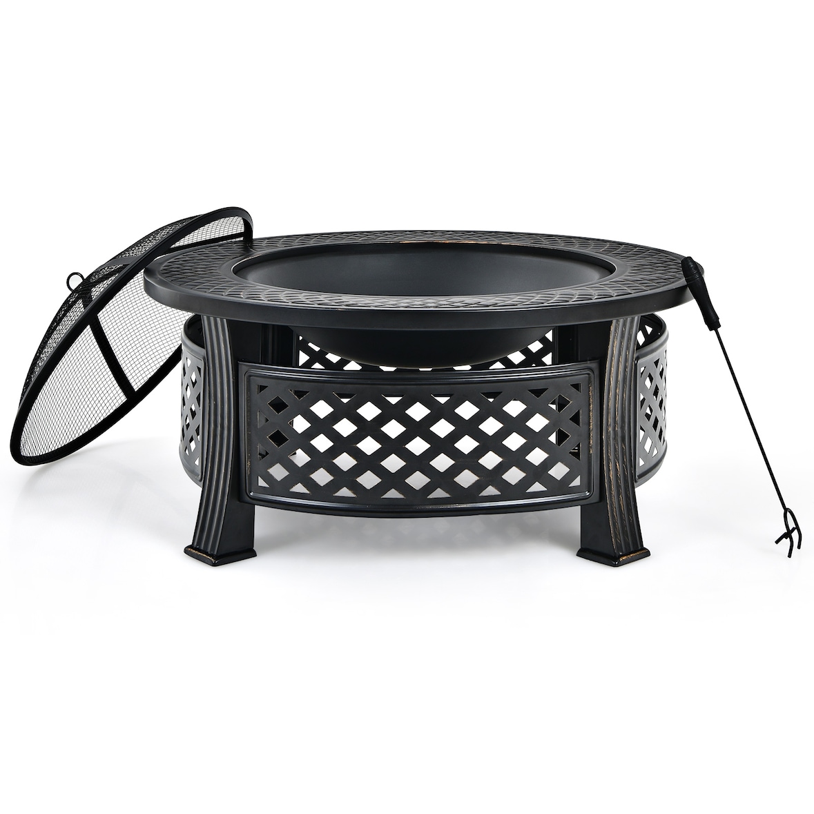 COSTWAY Feuerstelle, Feuerstelle mit Grillrost, Feuerkorb Ø 81 cm mit Funkenschutz, inklusive Schürhaken