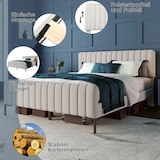 thumbnail of Polsterbett 140×200 mit verstellbarem Kopfteil, Lattenrost, gepolstert, Leinenbezug, Massivholz- und Metallrahmen, Grau-Beige