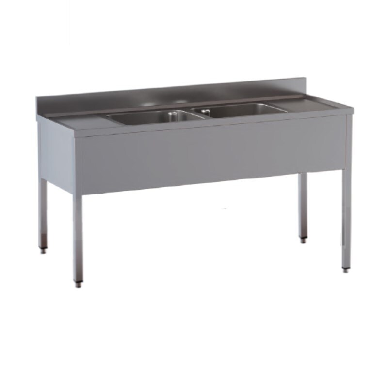 Lavatoio su gambe a 2 vasche + 2 sgocciolatoi laterali. Prof. 60 - Senza ripiano di fondo - AISI 430, SENZA ruote, 230x60x85H