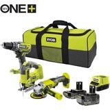 thumbnail of 3 outils : 1 perceuse-visseuse R18DD3 + 1 meuleuse 115 mm + 1 scie sauteuse + 2 batteries 4 Ah & 2 Ah + 1 chargeur & 1 sac RYOBI