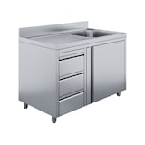 thumbnail of Edelstahl Spülschrank 1 Becken rechts, mit Aufkantung, 3 Schubladen links, Premium: 150 x 60 cm / mit Aufkantung / fertig montiert