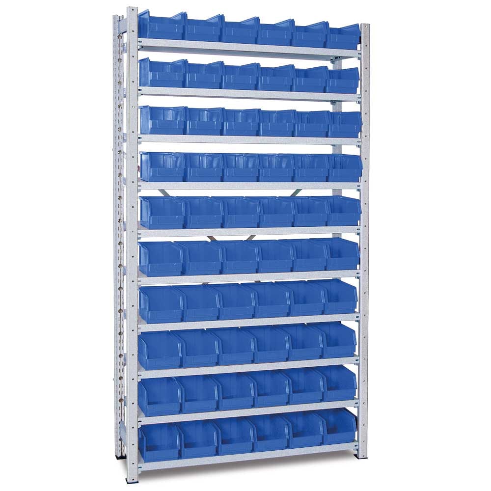 Kleinteileregal, verzinkt, HxBxT 2000x1070x315 mm, 10 Böden, bestückt mit 60 Sichtboxen LB 4 Farbe blau