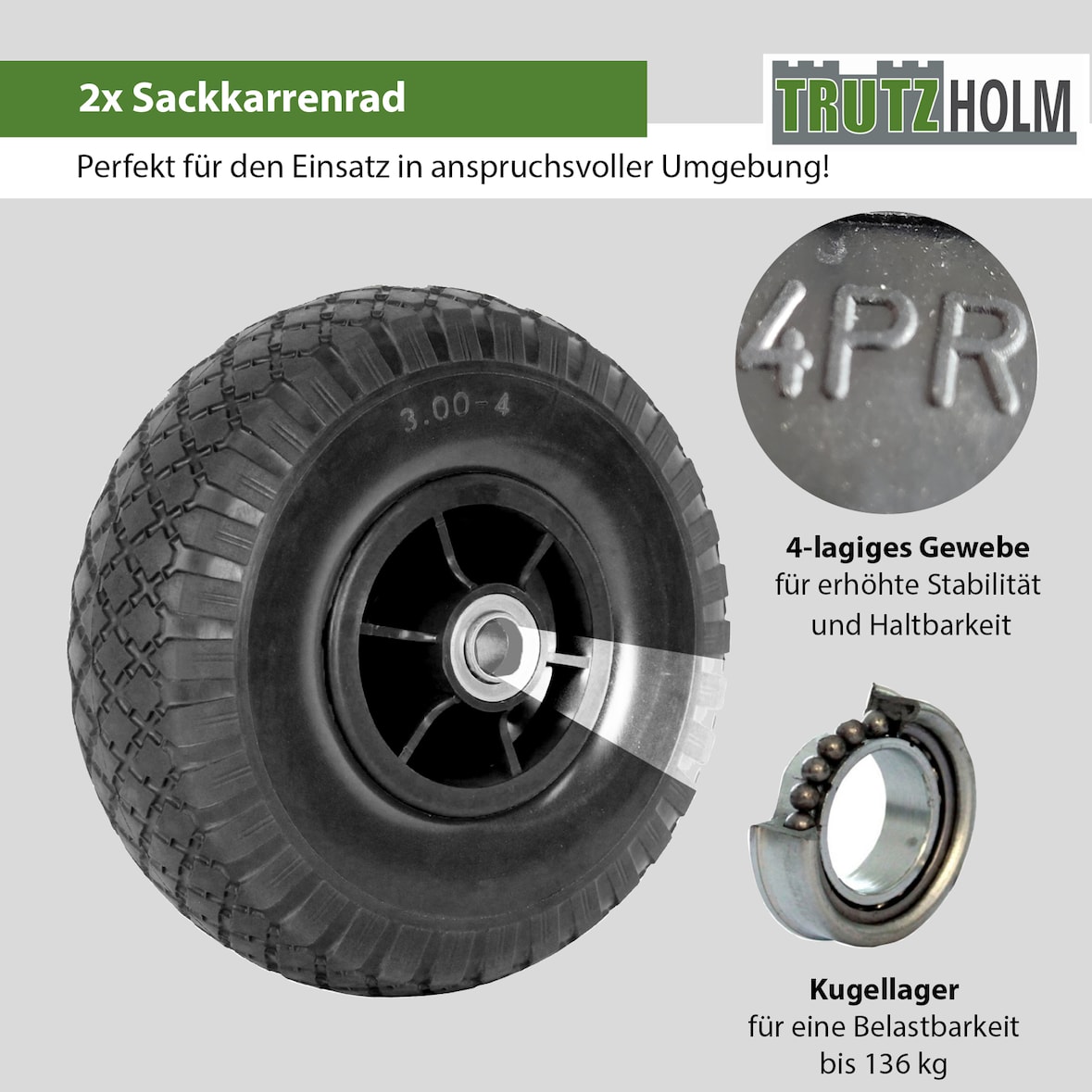 2x Sackkarrenrad Luftrad 260x85 mm 3.00-4 60 mm versetze Nabe Ø 20 mm schwarz robustes 4 PR Gewebe
