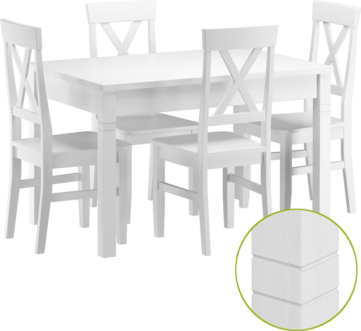 Repräsentative Essgruppe mit Tisch und 4 Stühle Kiefer Massivholz waschweiß 90.70-51 B W-Set 23