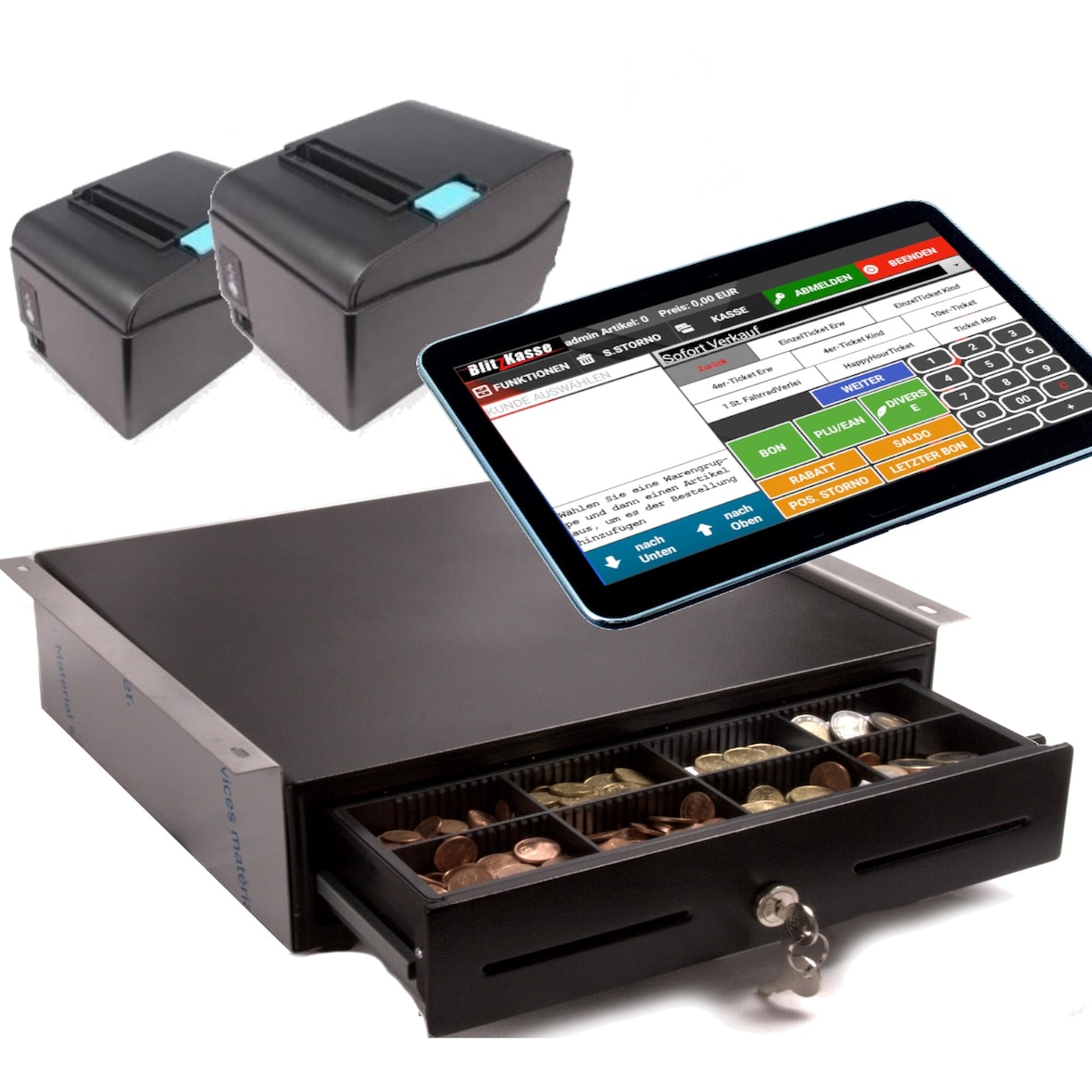 Mobiles Kassensystem für GASTRONOMIE: 10" Touchscreen Terminal, 2xBondrucker, Geldlade