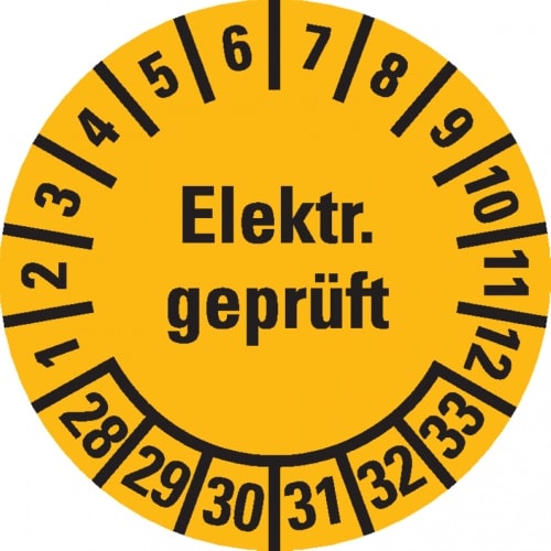 Dreifke® Prüfplakette Elektr. geprüft 28-33, gelb, Dokufolie, selbstklebend, Ø 20mm, 36 Stk.