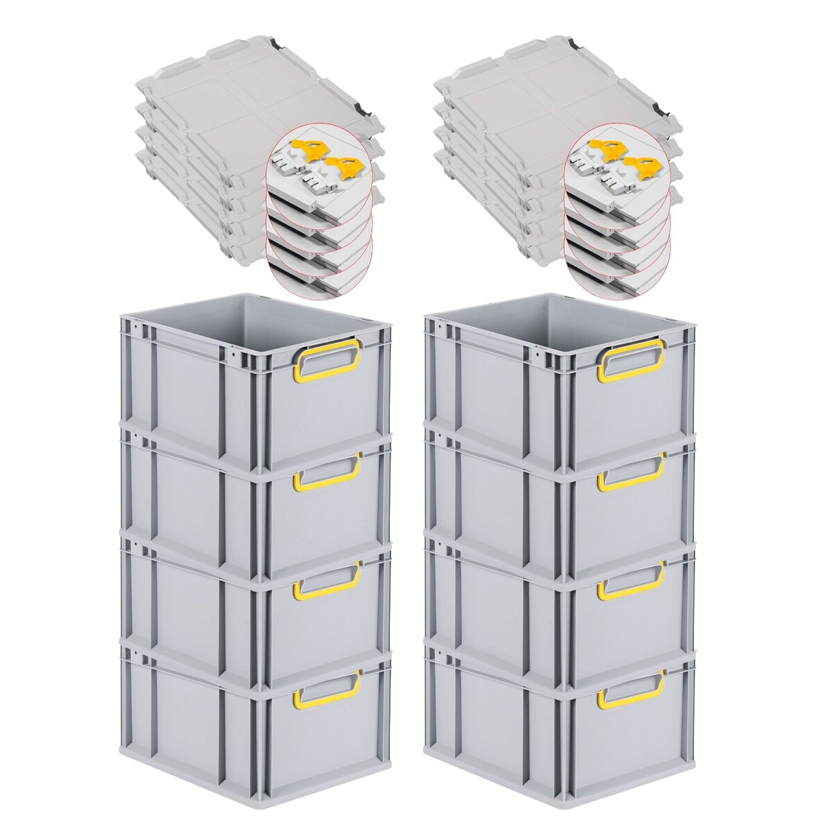 PROREGAL 8x Eurobox NextGen Color mit Scharnierdeckel & Verschlüssen | HxBxT 22x30x40cm | 20 Liter | Griffe gelb geschlossen | Glatter Boden
