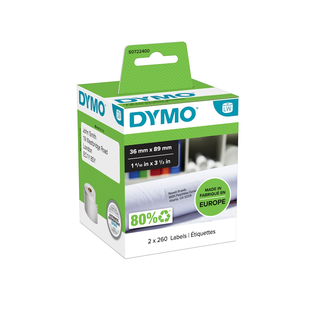 DYMO Pack de 2 rouleaux de 260 étiquettes adresse adhésif permanent 36x89mm S0722400