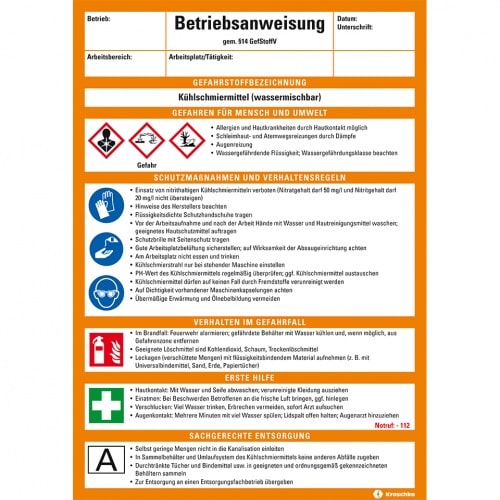 Betriebsanweisung Kühlschmiermittel, CLP/GHS, Kunststoff, 210x297mm, ASR A1.3, DIN EN ISO 7010