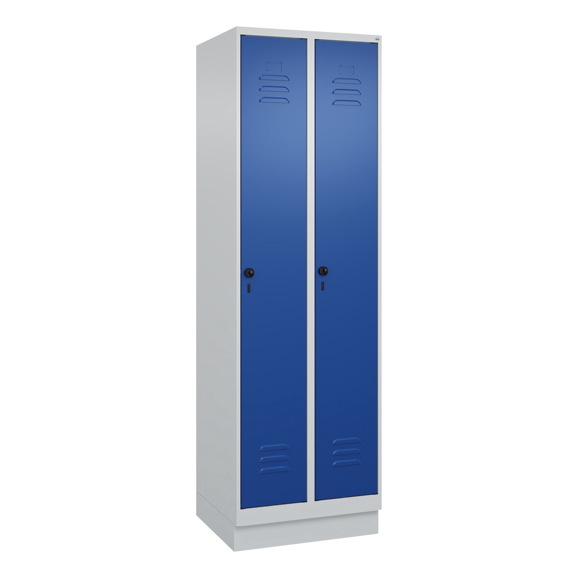 C+P Spind Classic PLUS, Sockel, 2 Abteile, HxBxT 195x60x50cm, Sicherheitsdrehriegel, Hellgrau/Enzianblau von PROREGAL