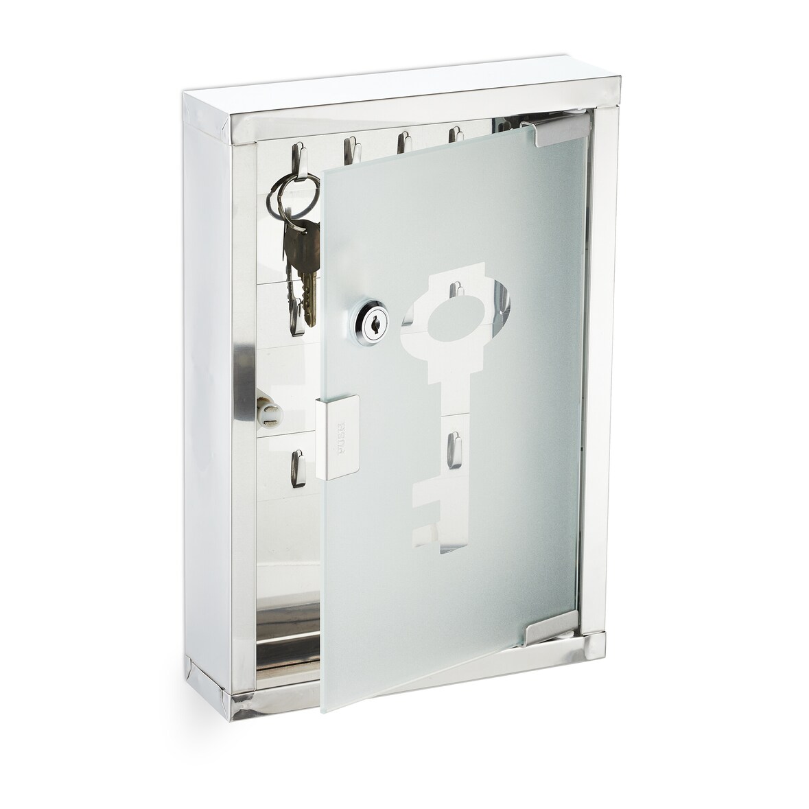 Relaxdays Schlüsselkasten abschließbar, Schlüsselschrank Wand, Glastür, Schlüsselbox Edelstahl, HBT: 32x22x6 cm, silber