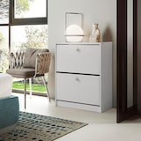 thumbnail of Sapateira 2 alçapões, pinho maciço, Moblit, série Denia, medidas: (77x63x27) cm (alt.-larguraxprofundidade), cor branca lavada.