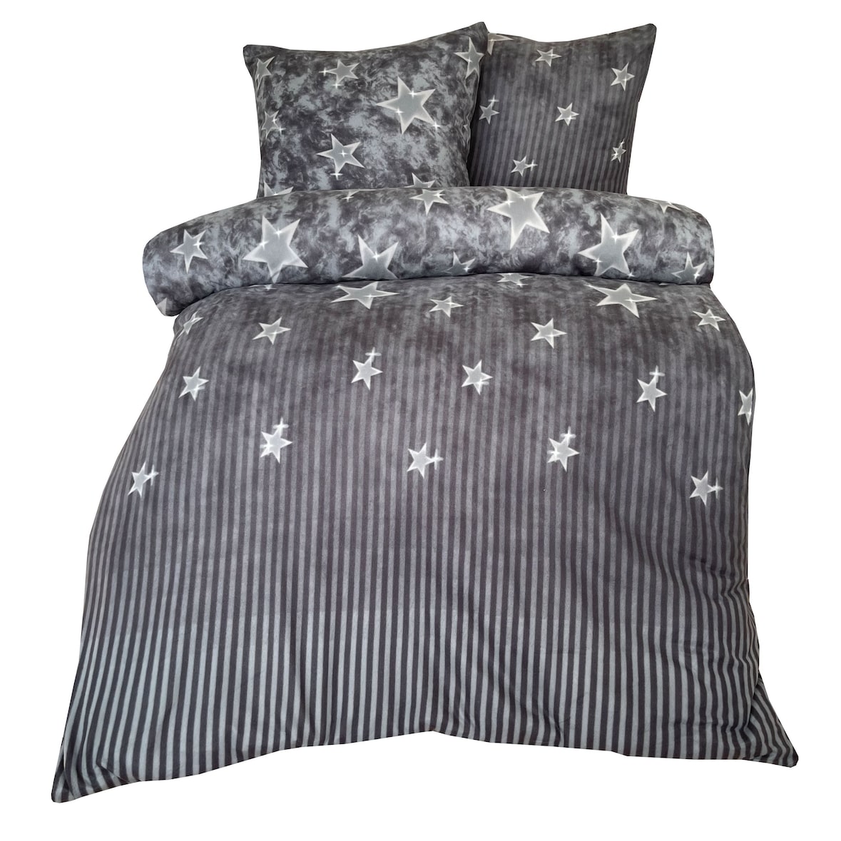 Bettwäsche Thermofleece 135x200 + 80x80 cm grau Sterne mit Reißverschluss / 2 tlg.