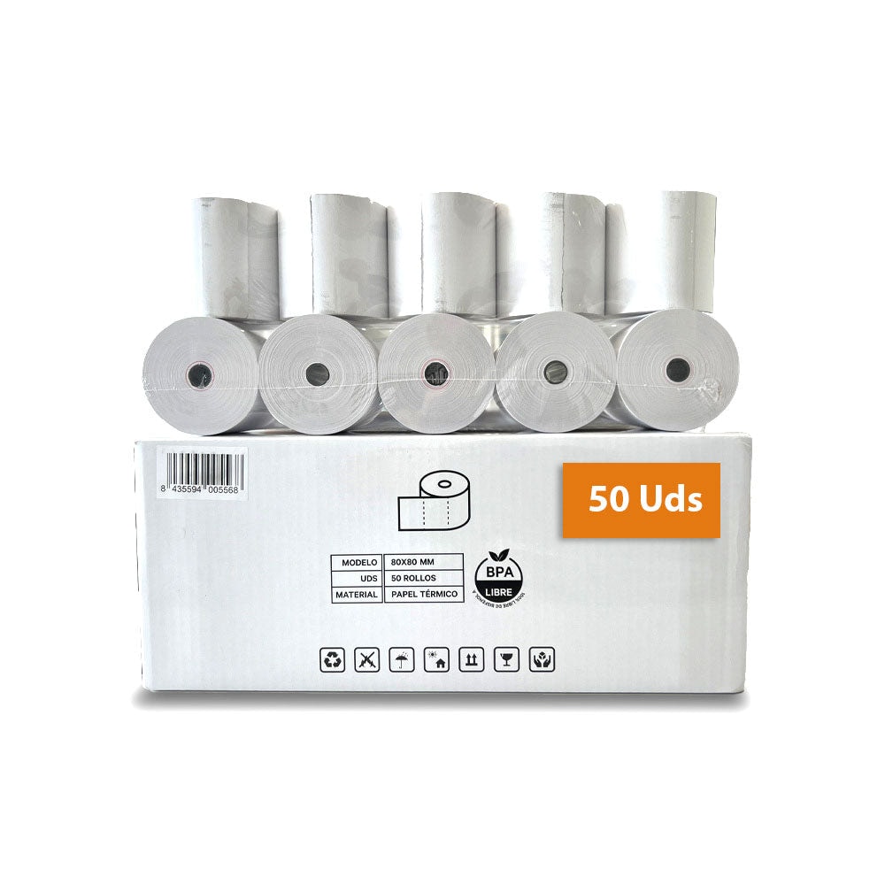 Doos met 50 thermische papierrollen 80 x 80 mm, zonder bisfenol
