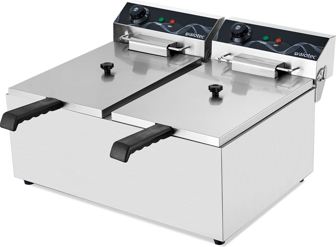 Freidora eléctrica profesional de acero inoxidable, 2x 17 litros, 230 V, 10kW, 60-190°C, control mecánico, panel de control extraíble, 11034 Vaiotec