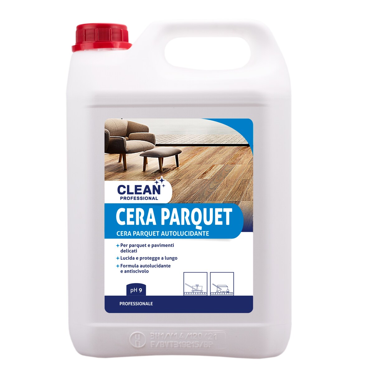 Clean Professional. Cera per parquet autolucidante e antiscivolo a lunga durata.  Formula extra care. 5lt. Bianco opalescente.