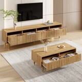 thumbnail of Wohnzimmermöbel-Set mit LED, TV-Schrank 4 Türen & Couchtisch 2 Schubladen, Acrylfronten 3D-Wellenstruktur, viel Stauraum, Holzfarben-Gold