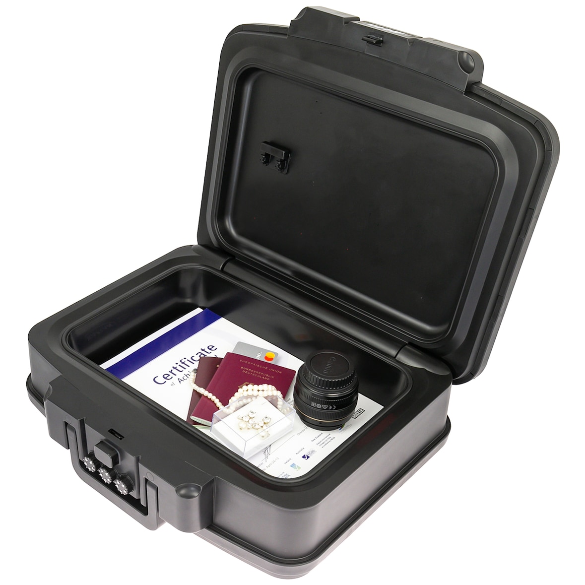 HMF 250437 Feuerfeste wasserdichte Dokumentenbox mit Zahlenschloss, DIN A4, 44,5 x 16,5 x 33 cm, Schwarz