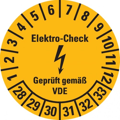 Dreifke® Prüfplakette Elektro-Check, VDE, 28-33, gelb, Dokumentenfolie, Ø 20mm, 180 Stk.
