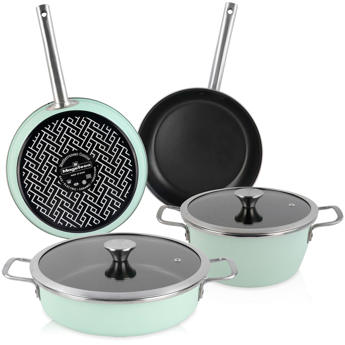 Magefesa Nordic Verde Set di Pentole Induzione 6-Piece Antiaderente Casseruoli, Padelle Design Vintage, Verde