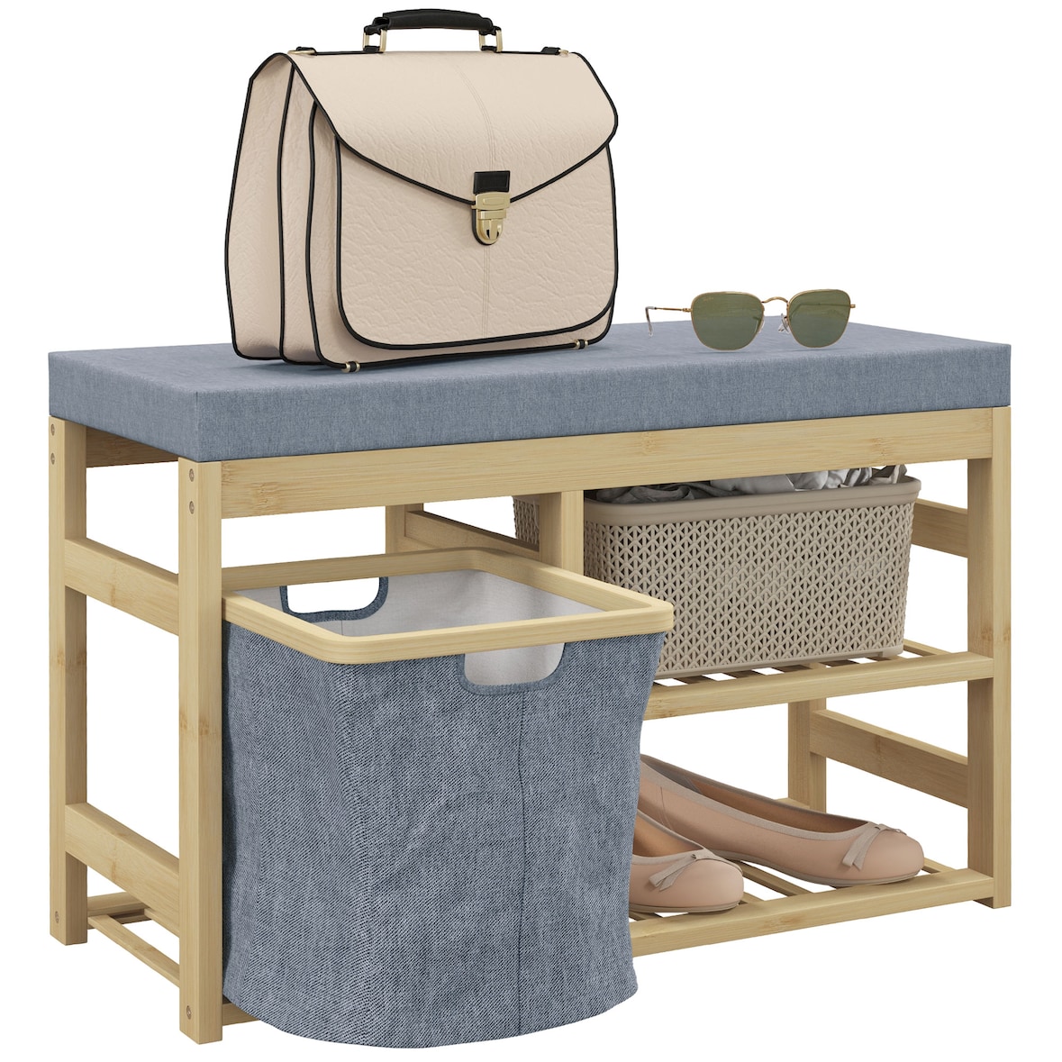 Banco zapatero de bambú mueble zapatero con asiento cesta extraíble y estantes abiertos para 4 pares de zapatos 69x30x45 cm natural