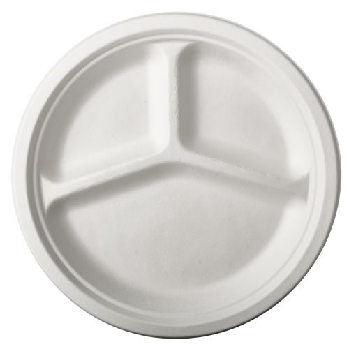 10 lots de 50 Assiettes en canne à sucre "pure" 3 compartiments Ø 26 cm · 2 cm blanc