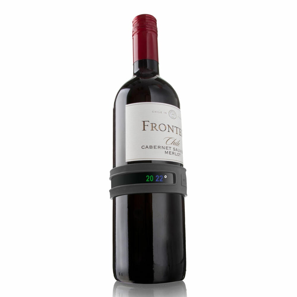 Termómetro adaptable de Vacu Vin. Se ciñe a la botella y muestra la temperatura actual de la botella.Compra mínima 2 uds.